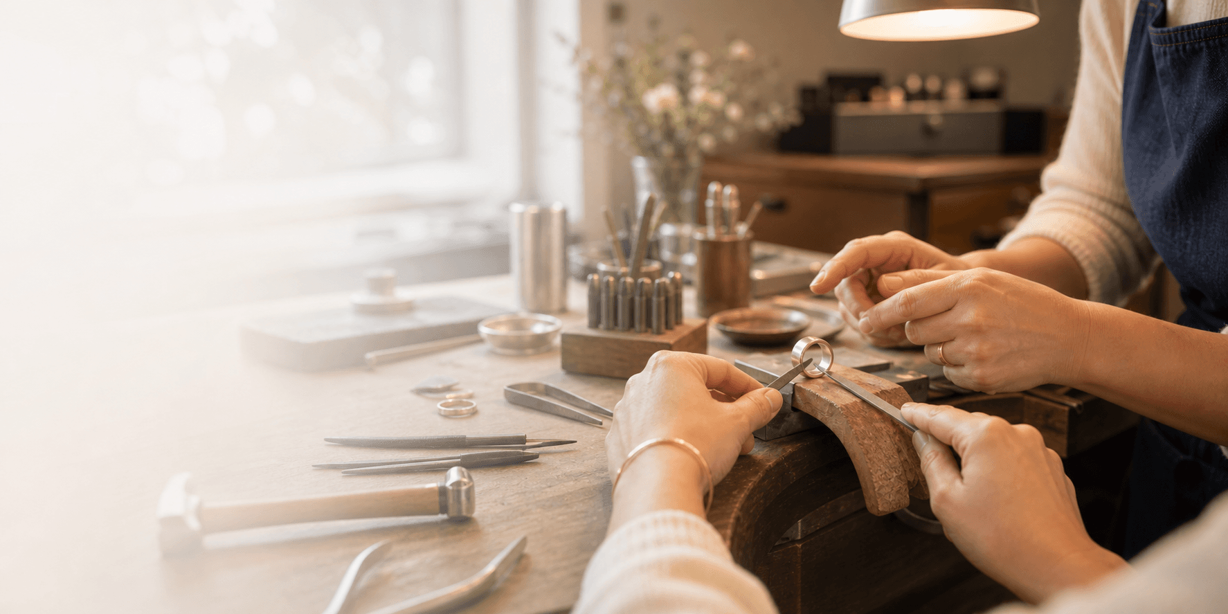 Hände am Goldschmiede-Werktisch im Schmuckkurs in Königswinter