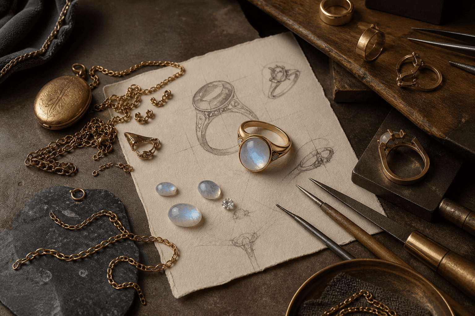 Schmuckstücke und Werkzeug im Atelier der Schmuckwerkstatt Mondstein