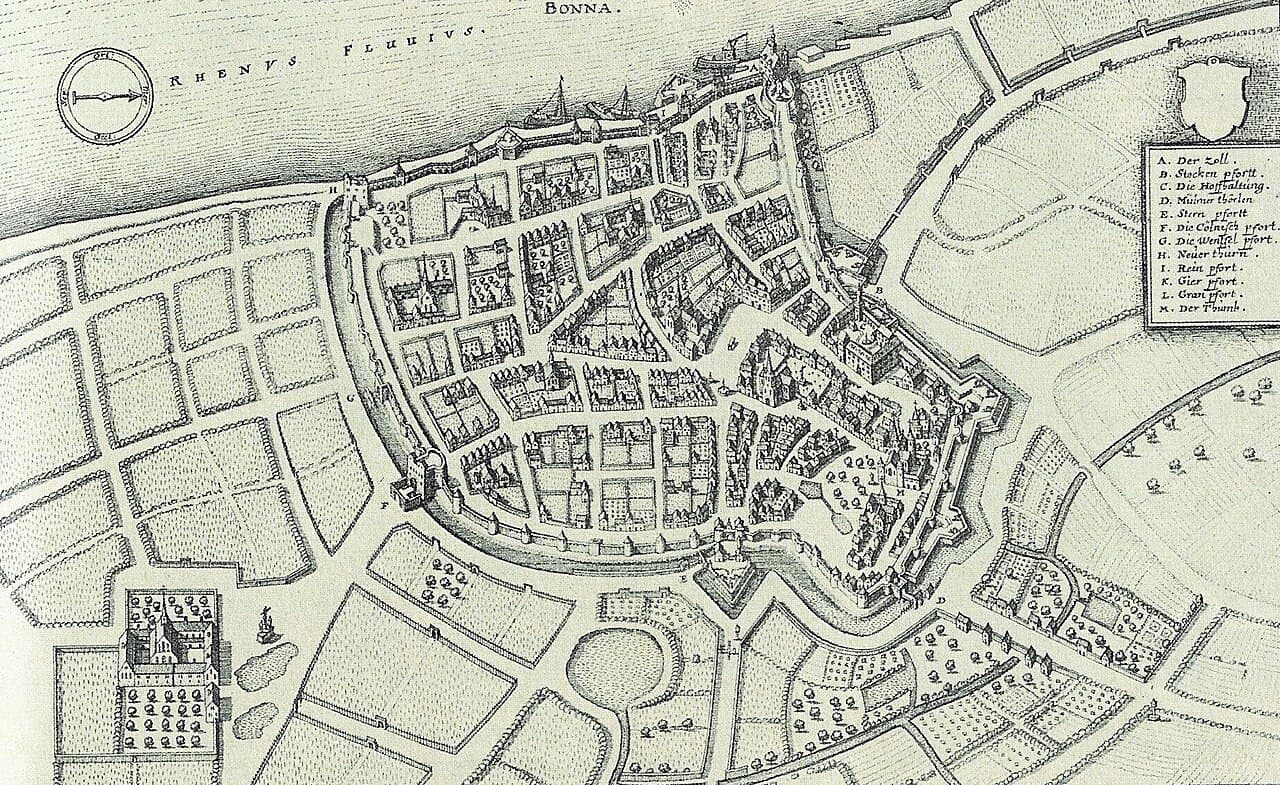 Historische Stadtansicht von Bonn am Rhein, Kupferstich von Matthäus Merian 1646