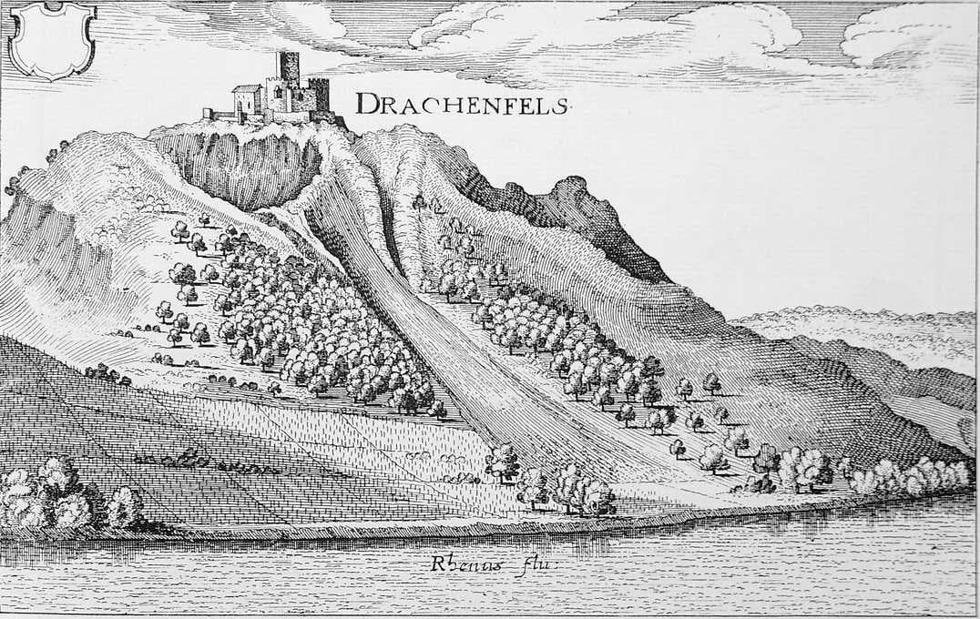 Historischer Kupferstich des Drachenfels von Matthäus Merian