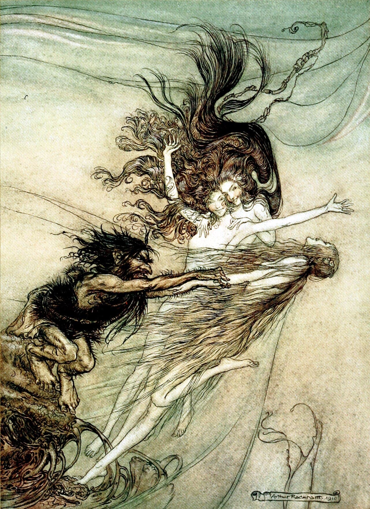 Die Rheintöchter hüten das Rheingold – Illustration von Arthur Rackham