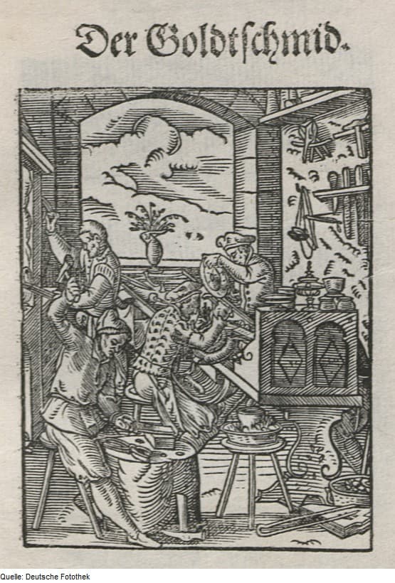 Ein Goldschmied bei der Arbeit, Holzschnitt aus dem Ständebuch von 1568