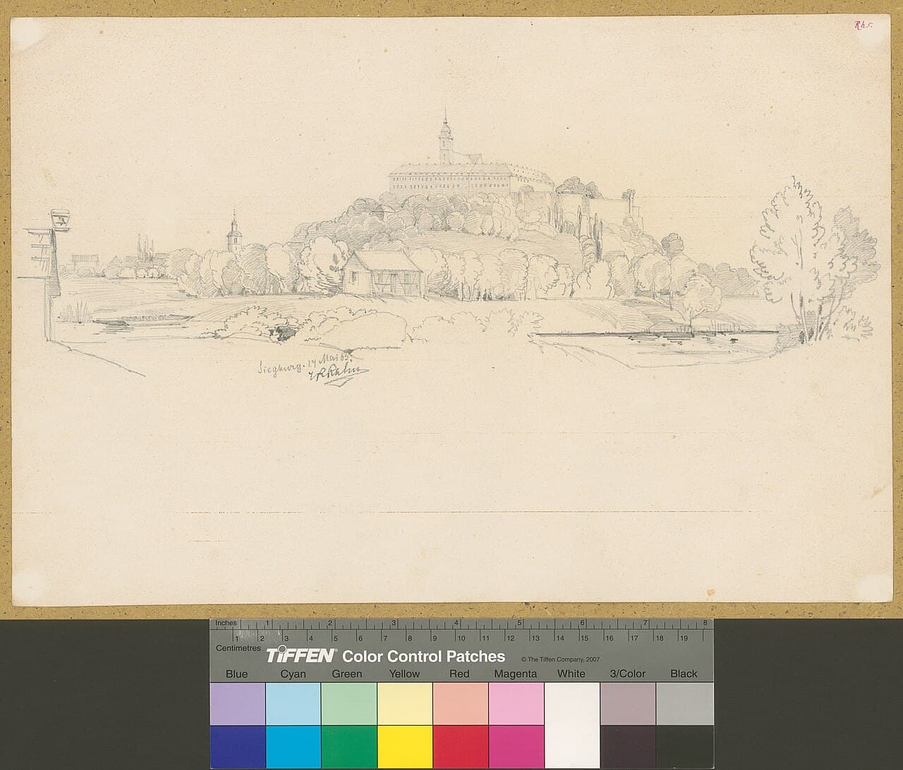 Historische Ansicht der Abtei Michaelsberg über Siegburg, Zeichnung von 1863